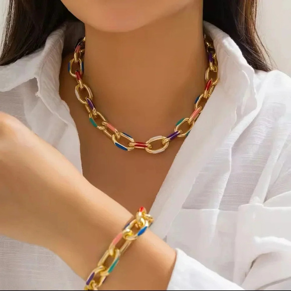 Modern Color Block Chain Jewelry Set – Gold Link Necklace and Bracelet - Picture 6 of 16